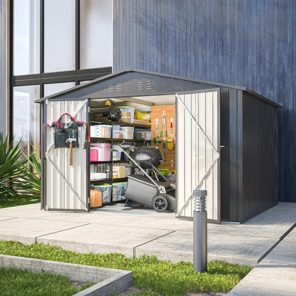 

10X8 FT Metal Outdoor Storage Shed, Waterproof Tool Bike Storage House with Floor and Lockable Doors, Garden Shed Container Hous