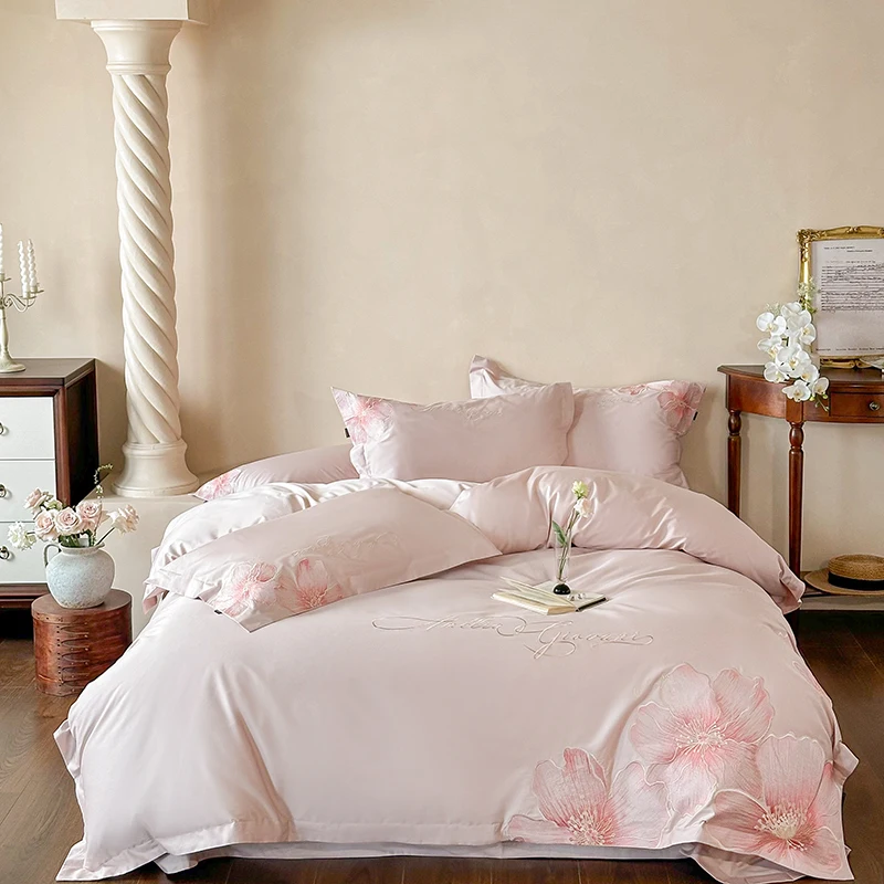 Luxury Pink Flower Embroidery Egyptian Cotton Bedding Set, Duvet Cover, Linen Fitted Sheet, Pillowcases, Home Textile