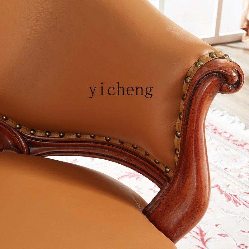 

XL Solid Wood Sofa Chair European American Style Genuine Leather Chaise Longue Bed Couch Home Living Room Carved Chair