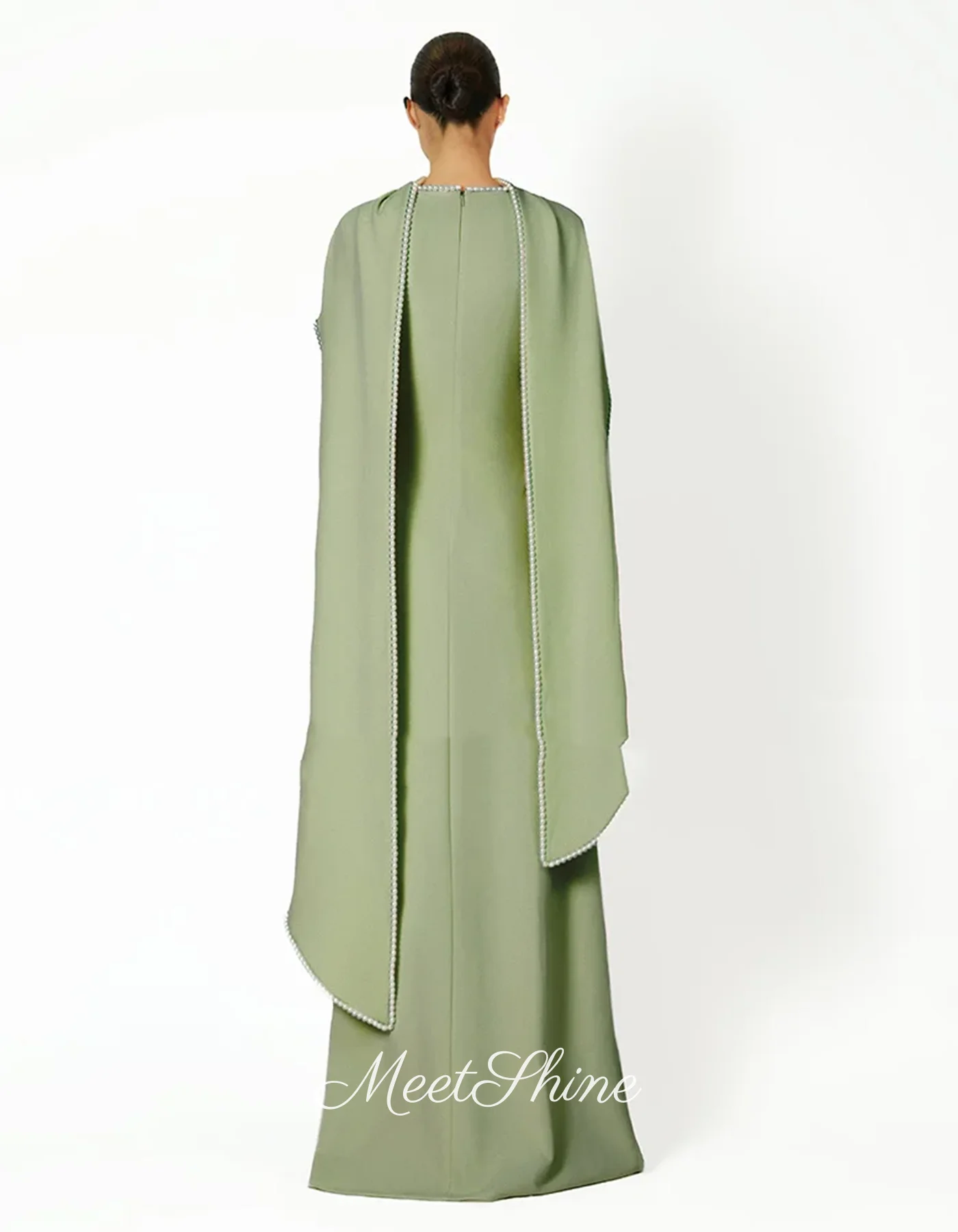 Grass Green Long Sleeve High Neck Evening Dress Dubai Luxury A-Line Beading Prom Dress Customized Formal Wedding Party  Dress