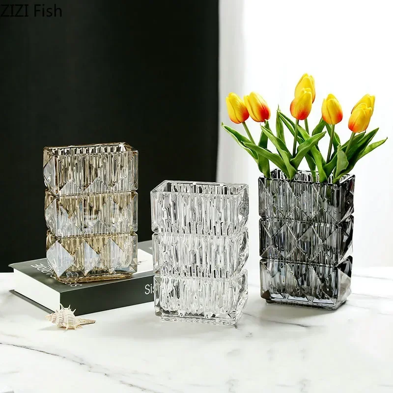 Clear Crystal Glass Vase Hydroponic Flower Pots Desk Decoration Artificial Flower Decorative Floral Arrangement Square Vases