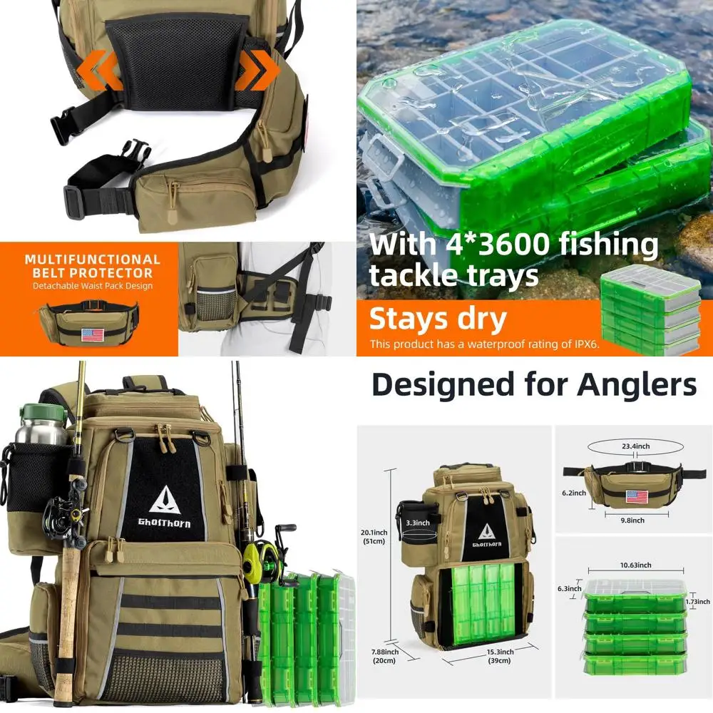 

Large 43L Fishing Backpack with 4 3600 Tackle Boxes, Rod Holder, Detachable Waist Bag, and Waterproof Storage for Gear