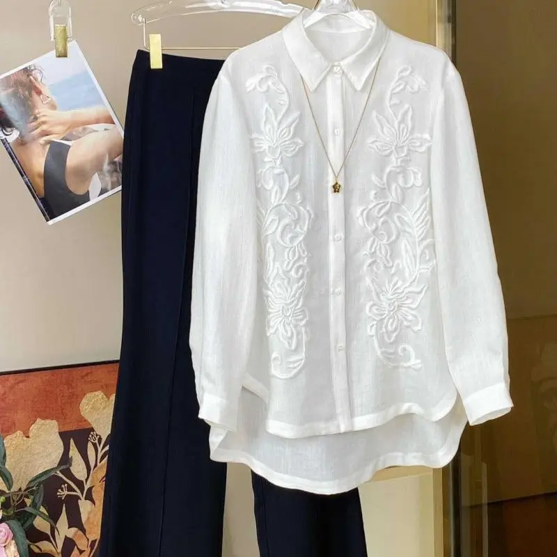 

100%Cotton Shirts 2024 Spring Summer Designer Fashion Blouses Women Turn-down Collar Hollow Out Embroidery Casual White Shirts