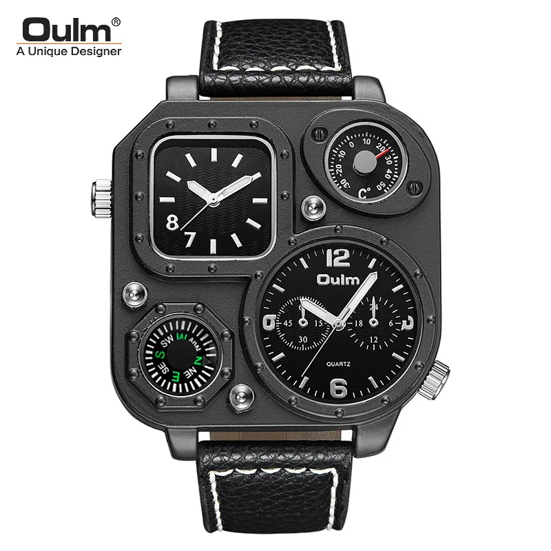 Official brand free shippingMen's Quartz Fashion Compass Large Dial Double Time Zone Belt Square Watch