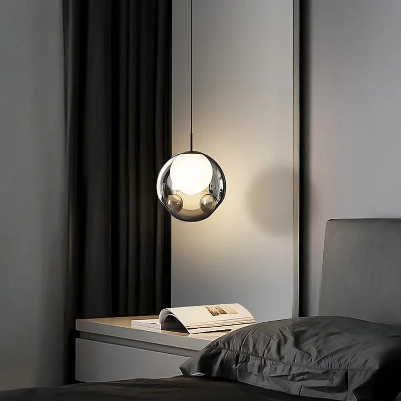 Modern Minimalist Pendant Light Gray Glass Ball Hanging Lamp Home Decor for Bedroom Dining Table Bedside Led Ceiling Chandelier