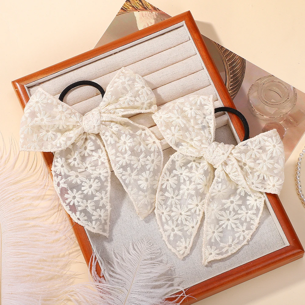 

2pcs Sweet Lace Embroidery Bowknot Elastic Hair Bands For Girls Rubber Band Hair Ropes Ponytail Holder Kids Hair Accessories