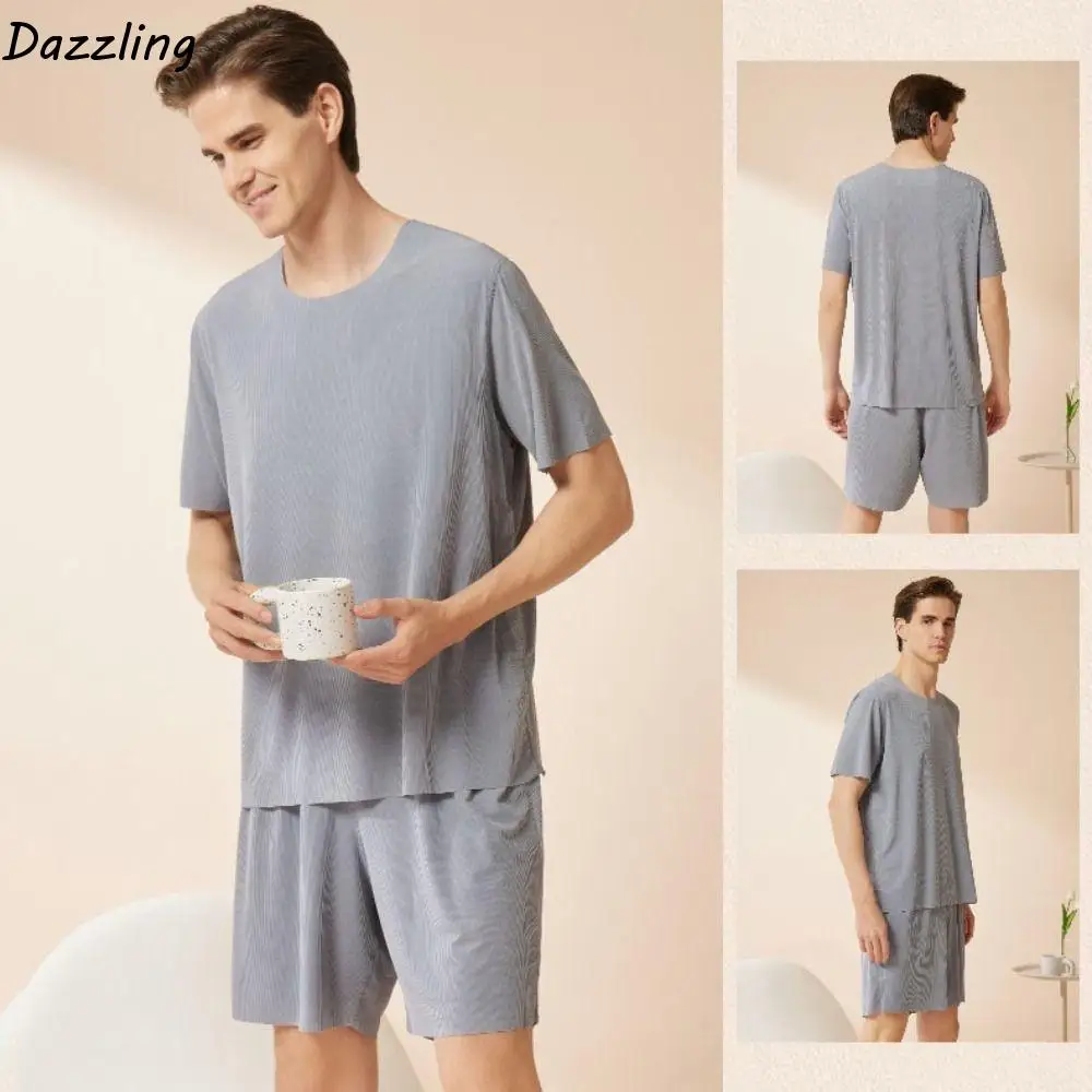 

Fashion Seamless Short Sleeve Sleepwear Suit Loose Simple Men Summer Pajamas Home Wear Ice Silk 2Piece Nightwear Set Summer
