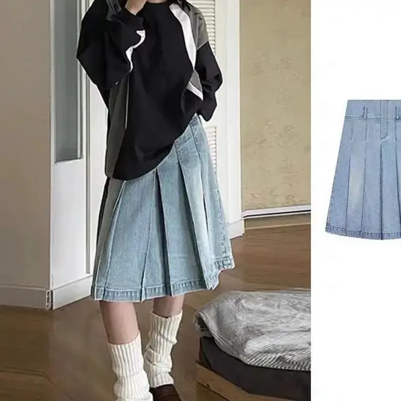 Women's High Waist Light Wash Denim Pleated Midi Skirt