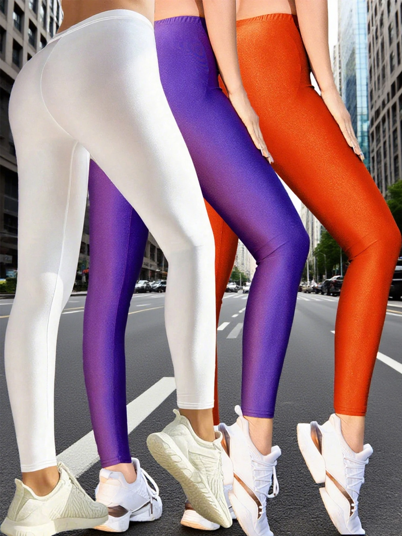 New Spring And Summer Stretch Waist Polyester Glossy Nine-inch Pants In Colorful Dark Blue Casual Base Set Of Three Pieces