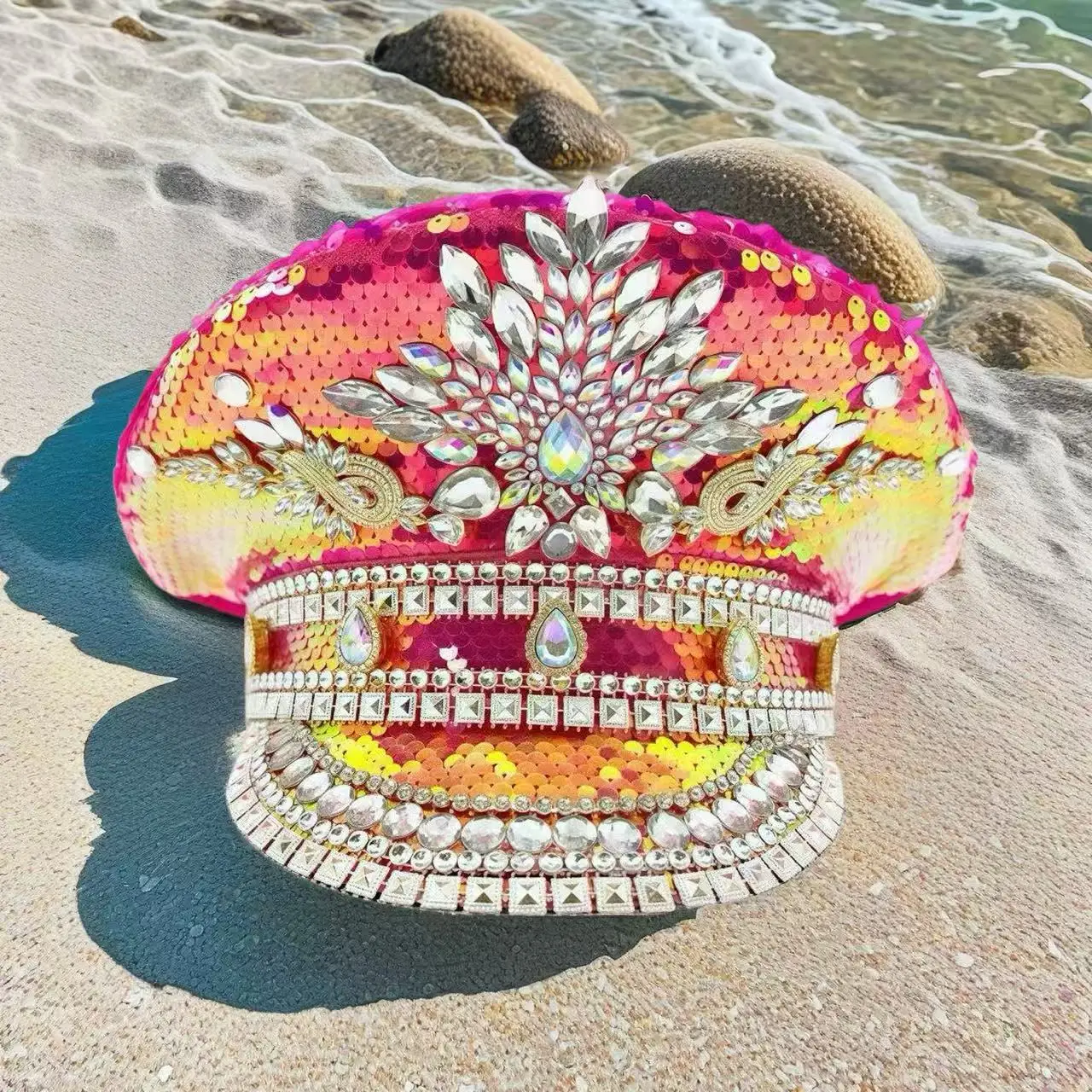 ホンルアン イエローレーザーレザーループキャプテンハット ラインストーン＆ミリタリーキャップ 女性用、レイブフェスティバルアクセサリー＆パーティーキャップ男性用