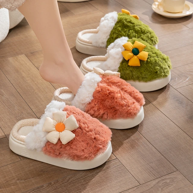 Fashion Winter Flower Slippers Korean Edition Men Women Warm Plush Non Slip Indoor Home Couple Flat Thick Bottom Cotton Shoes AliExpress