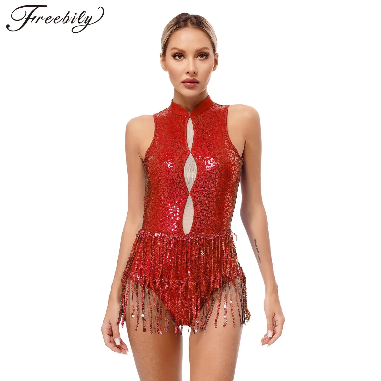 Women Sleeveless Fringed Latin Dance Bodysuit Glitter Sequins Tassel Gymnastics Leotard Performance Costume Tango Dancewear