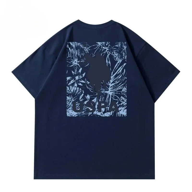 U. S. POLO ASSN. New American Hawaiian Flower Horse Print Comfortable and Versatile Pure Cotton T-shirt for Men and Women