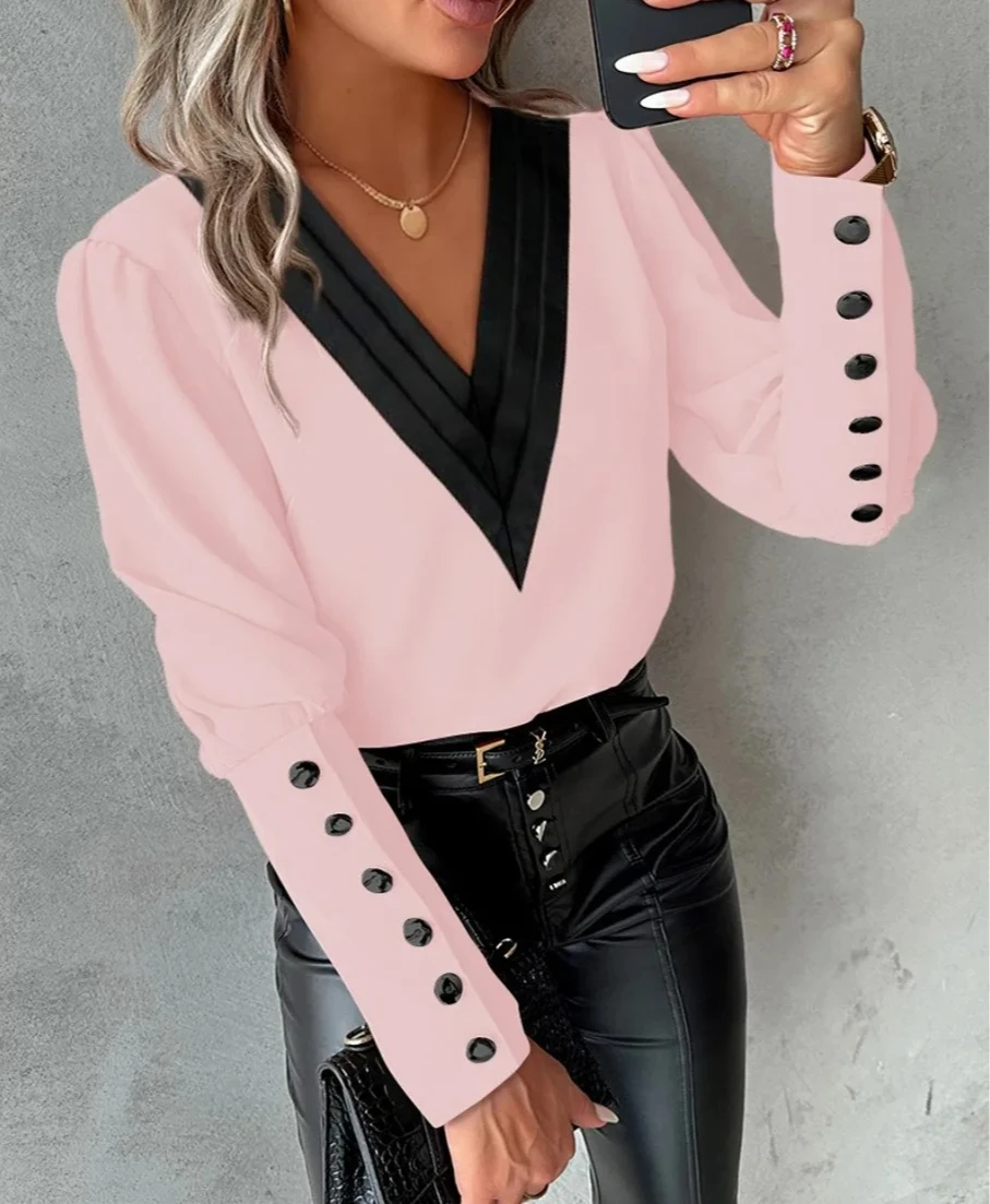 

Office Ladies V-neck Button Shirt Blouse Spring Autumn Fashion Color Matching Long Sleeve Shirts For Women White Tops