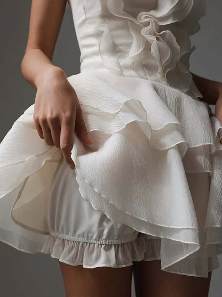 فساتين قصيرة أنيقة مكشكشة بأكمام طويلة للنساء فستان قصير أنيق بياقة على شكل V وخصر عالٍ لصيف 2025 فساتين ضيقة جديدة على شكل حرف A