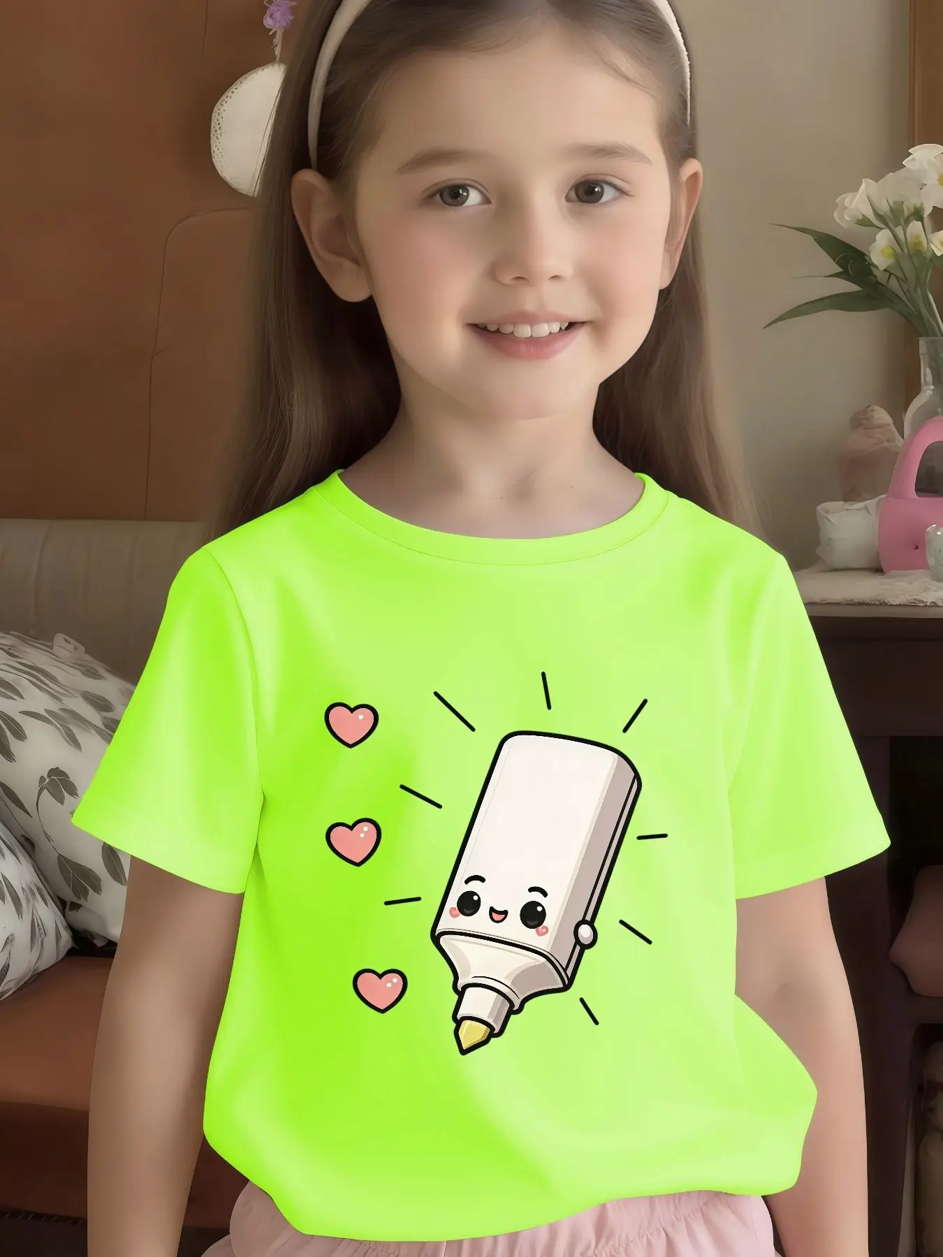 Cute Cartoon Marker Pink Hearts Print Graphic Kids Tee Boys Girls Family Matching Cotton Crew Neck Short Sleeve Soft Summer Tee