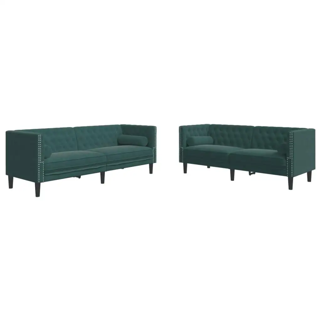 Dark Green Velvet Chesterfield Sofa Set - 2-Piece with Bolsters for Elegant Living Room Decor