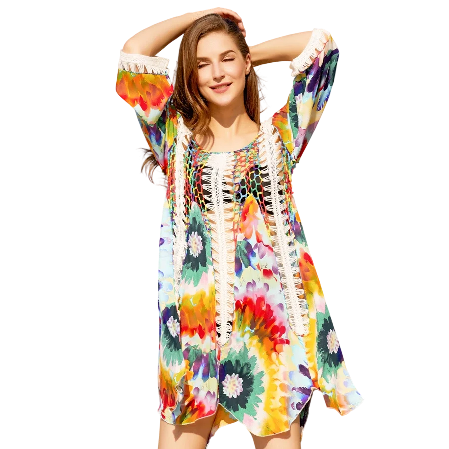 

Colorful Big Flowers Printing Women Summer Bikini Cover Ups White Stripes Hollow Hand Crochet Patchwork Beach Dress Sundress