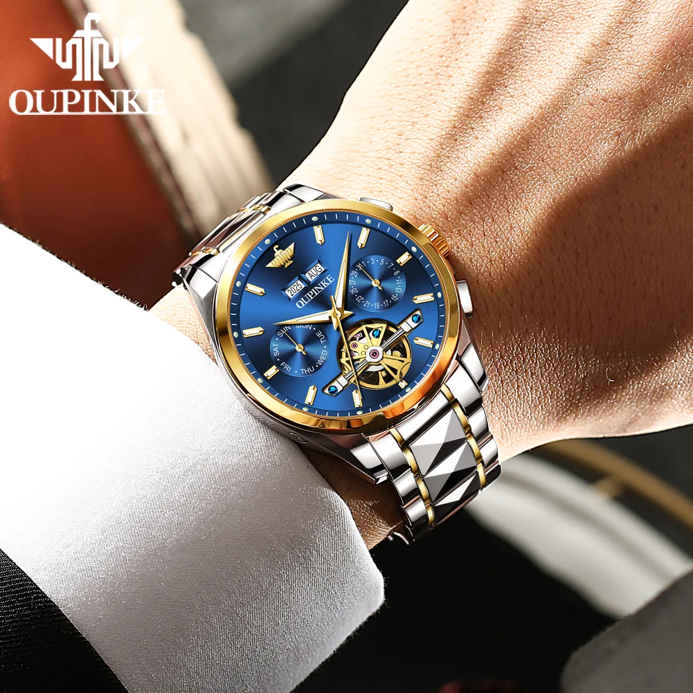 Oupinke 3290 relógio mecânico totalmente automático masculino original multifuncional à prova d'água cronógrafo esqueleto volante relógio masculino