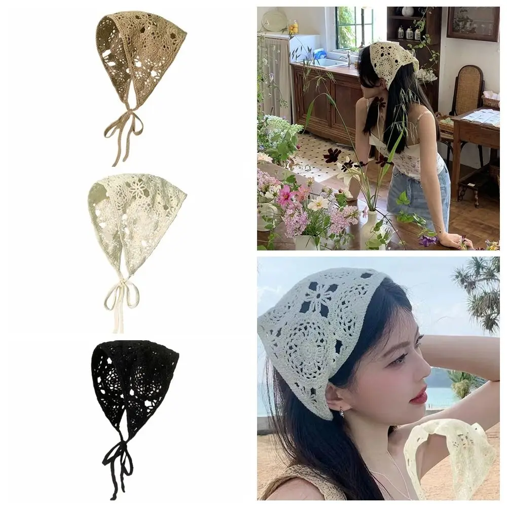 

Hollow Floral Headband Fashion Ribbon Crochet Turban Triangular Scarf Knitting Weave Bandana Summer