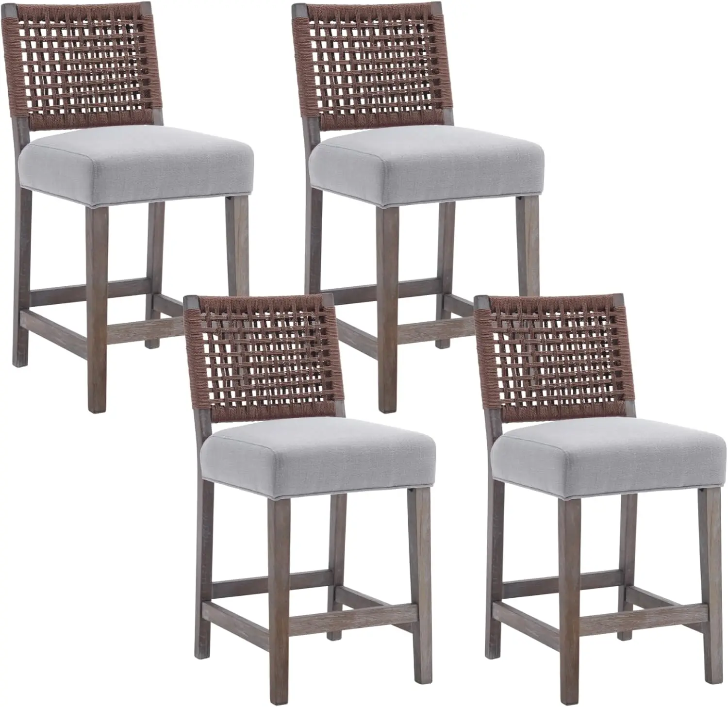 

27"" Farmhouse Counter Height Bar Stools Set Of 4 For Kitchen Island Mid Linen Upholstered Stool Chairs With Wicker Backrest