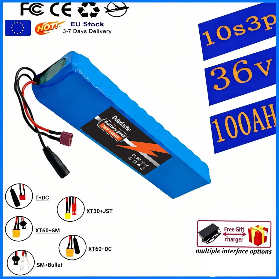36V 100Ah 18650 wiederaufladbarer Lithium-Akku 10S3P 1000W Leistung für modifizierte Fahrräder, Roller und Elektrofahrzeuge mit BMS+Ladegerät