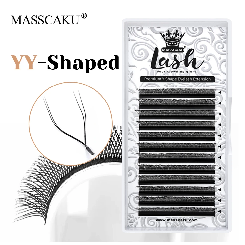 

MASSCAKU Matte Dark Black 3D Effect Split Tips YY Design Eyelashes C D Curl Long-lasting Waterproof Y Style Lashes Easy to Pick