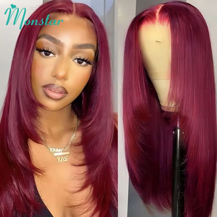 99J Burgundy Layered Wig Human Hair 13x4 HD Transparent Straight Lace Front Wig Pre Plucked Wine Red Colored Wigs for Women 250%