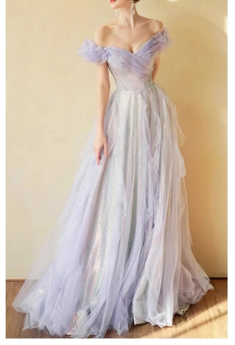 

Flora Dress Light Purple V-Neck Prom Dress A-line Tulle Off Shoulder Formal Occasion Evening Gown Party Dress For Women 2023