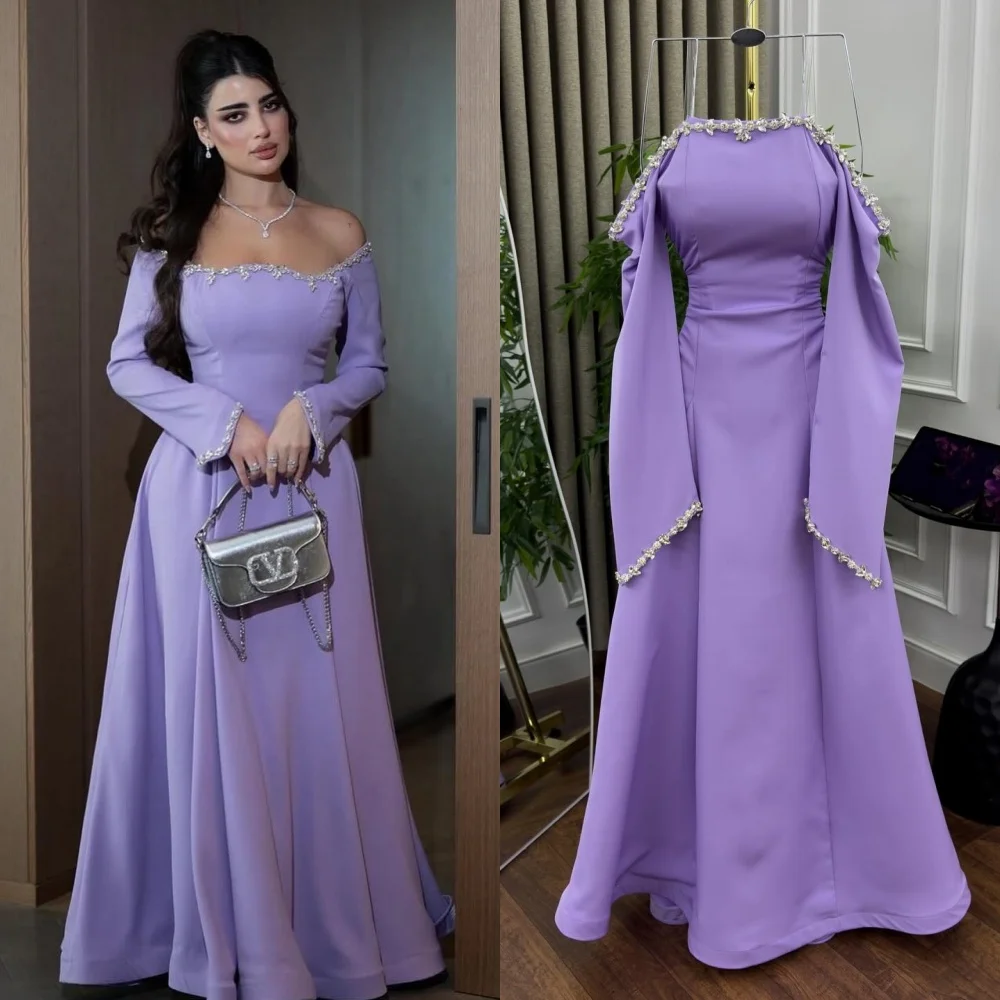 

Customized Elegant Classic Jersey Rhinestone Ruched A-line Off-the-shoulder Long Dresses Bespoke Occasion Dresses High Quality