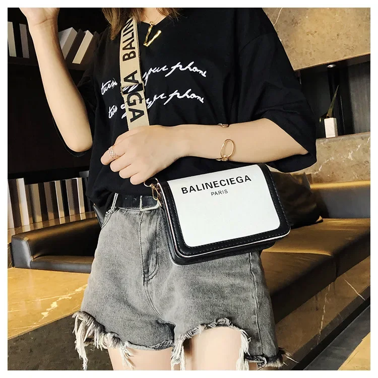 2022 New Design Small Square Bag Women Letter Wide Strap Shoulder Messenger Bags  Female Purse Handbag Student Fashion Flap Hot