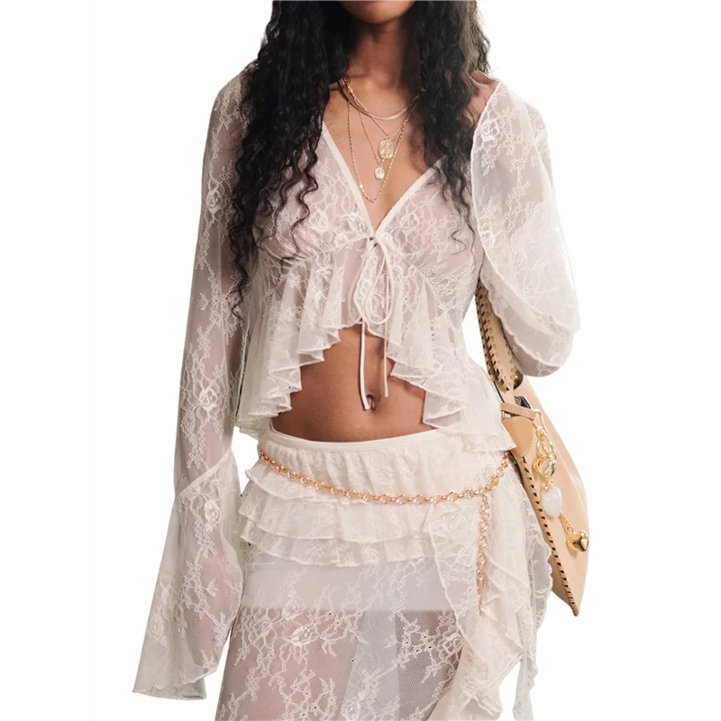 

ABRT-Women's Bohemian Irregular Ruffled Cardigan Front Open Collar Long Sleeve Ruffled Sheer Mesh Lace Crop Top Shirt