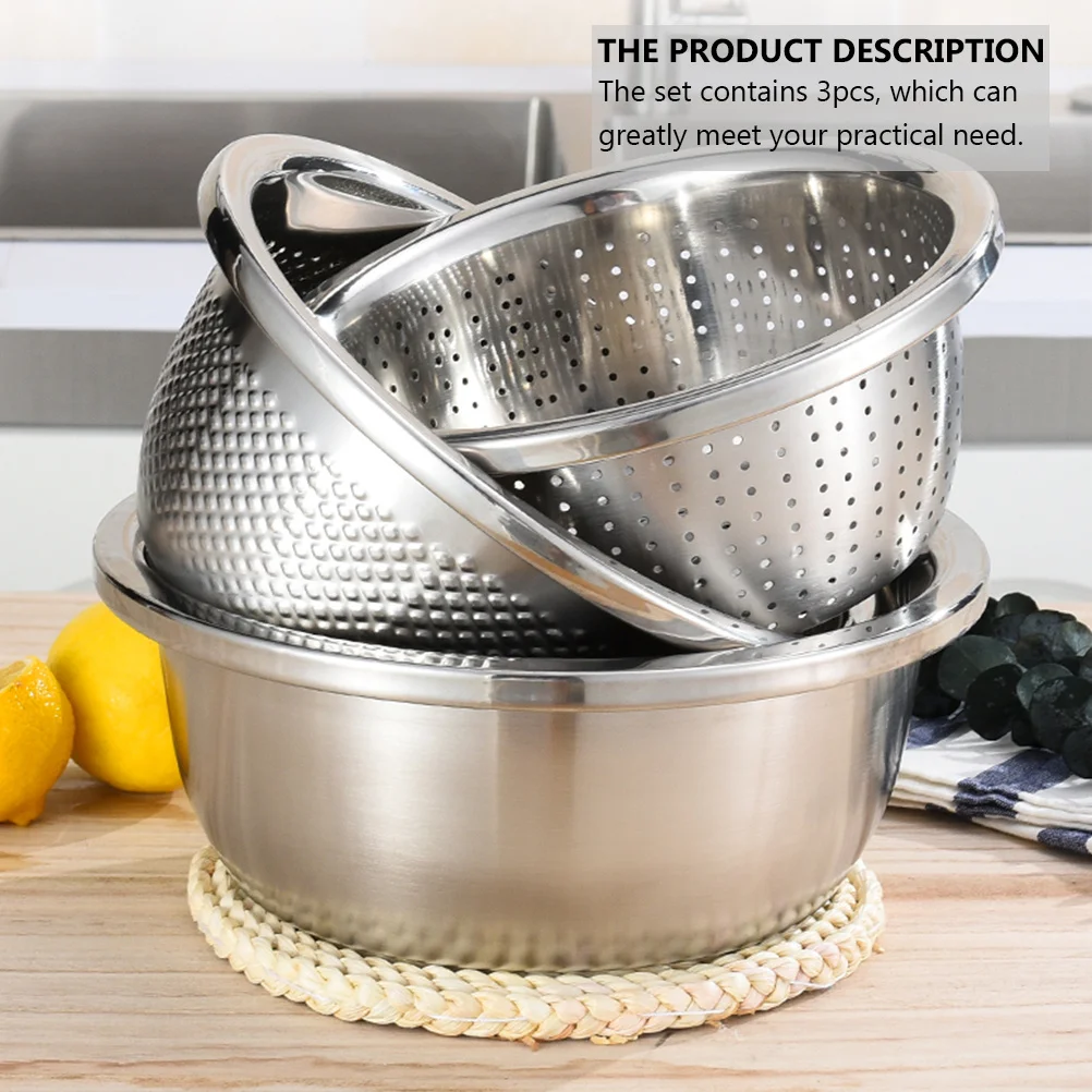 

3pcs Stainless Steel Drain Bowl Set Kitchen Sink Basin For Fruit Vegetable Rice Drying Compact Drainer Holder Tool