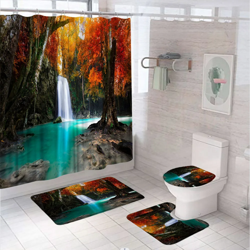 4Pcs Waterfall Rainforest Shower Curtain Set Bathroom Decor Fish Lotus Flower Non-Slip Rug Toilet Lid Cover Bath Mat and 12 Hook