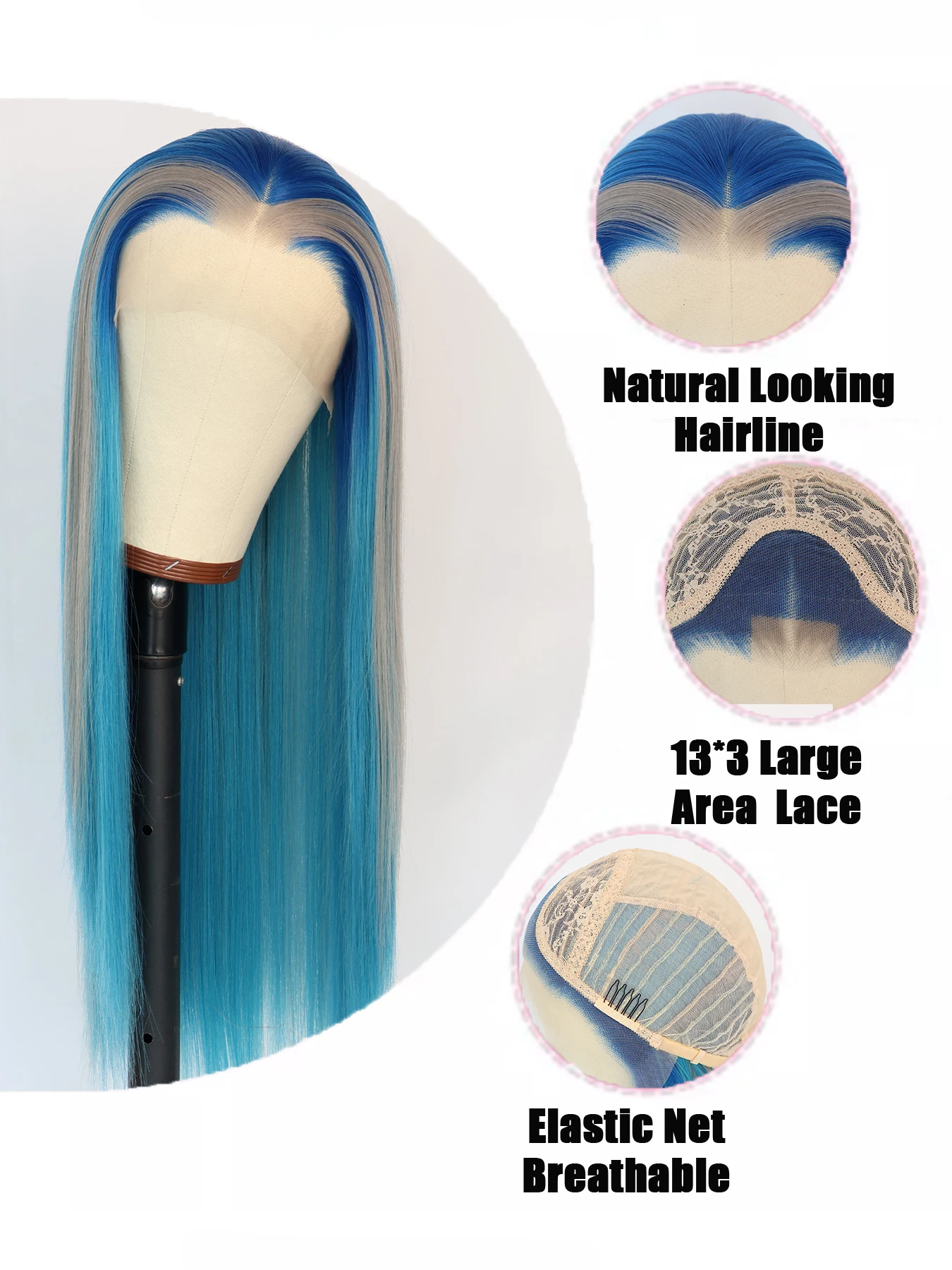 Peruca frontal de renda sintética com cor listrada para mulheres, cabelos lisos longos com destaques, fibra resistente ao calor, moda skunk 13x3