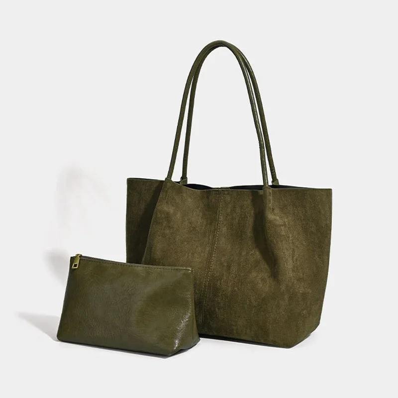 Suede Underarm Shoulder Bag with Matching Purse,Large Capacity Women Everyday Commuter Tote Bag,Lady Solid Color Vintage Handbag