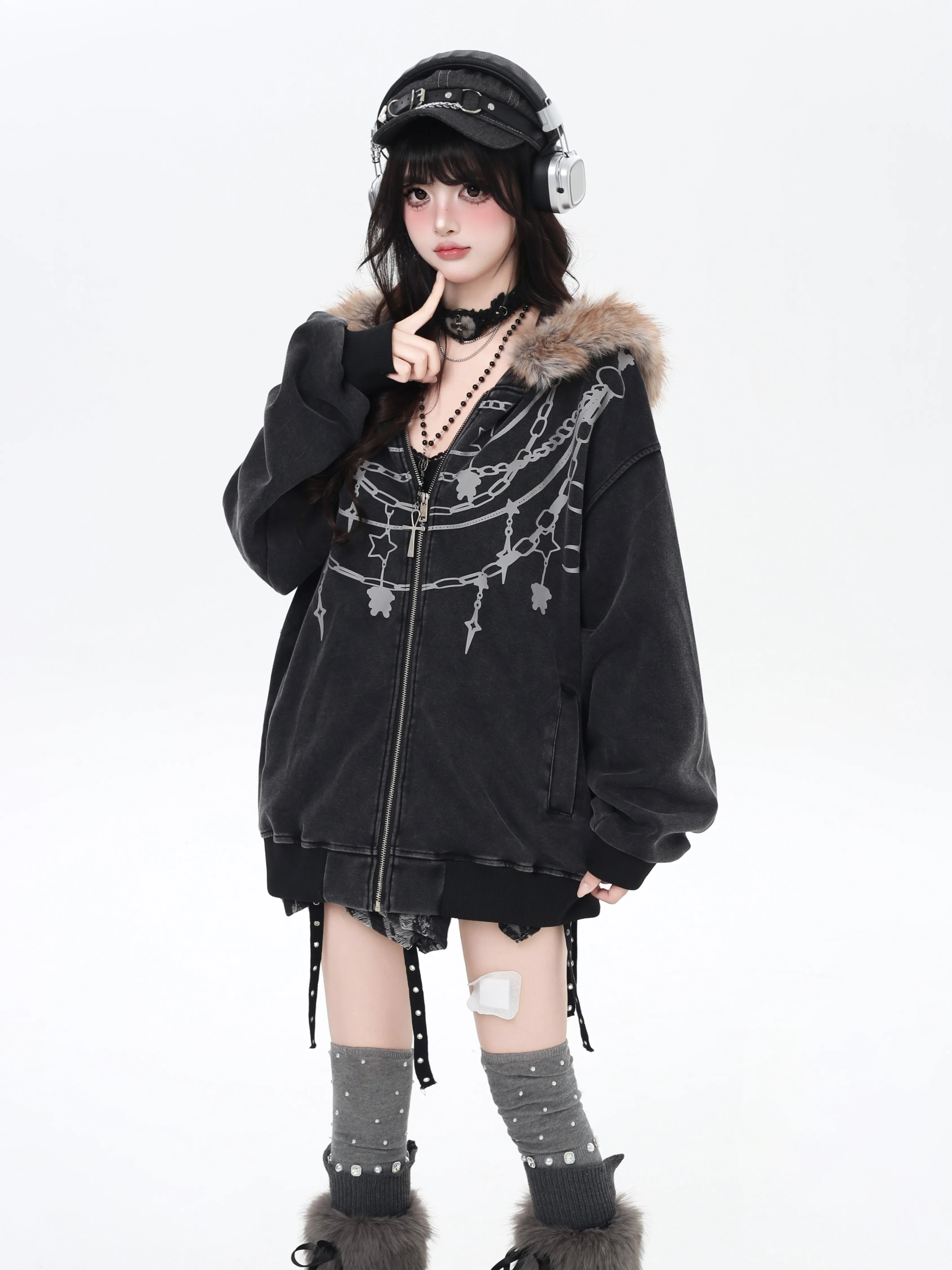 Style américain rétro mode rue vestes à capuche col de fourrure détachable imprimé ample polyvalent pulls décontractés femmes automne