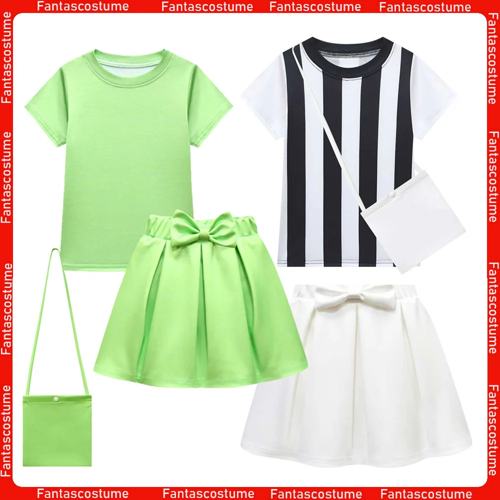 

Cosplay Striped Shirt Costume Kids Girls Stage Performance Short Sleeved Pleated Skirt Bag Outfits Halloween Carnival Party Suit
