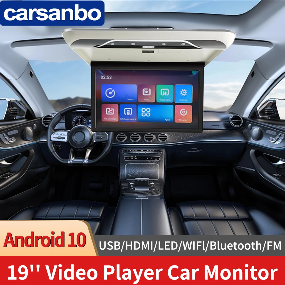 Carsanbo 19 Inch 1080P Car Monitor Multimedia Video Player 3+32GB 4+64GB Android 10 Ceiling TV Roof Mount Display Touch Screen