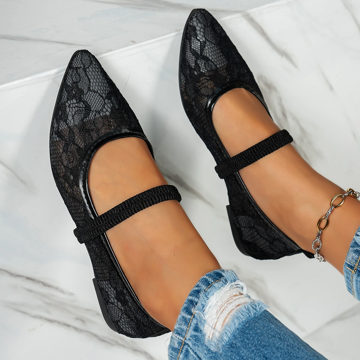 フレンチポインテッドトゥレースメリージェーンシューズ、レディースフラットスリッポンローカットシングルシューズ、春のエレガントな新スタイル