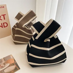 New Wide Striped Handmade Knitted Handbag Minimalist Korean Women Mini Knot Wrist Bag Tote Bag Student Reusable Shopping Bags