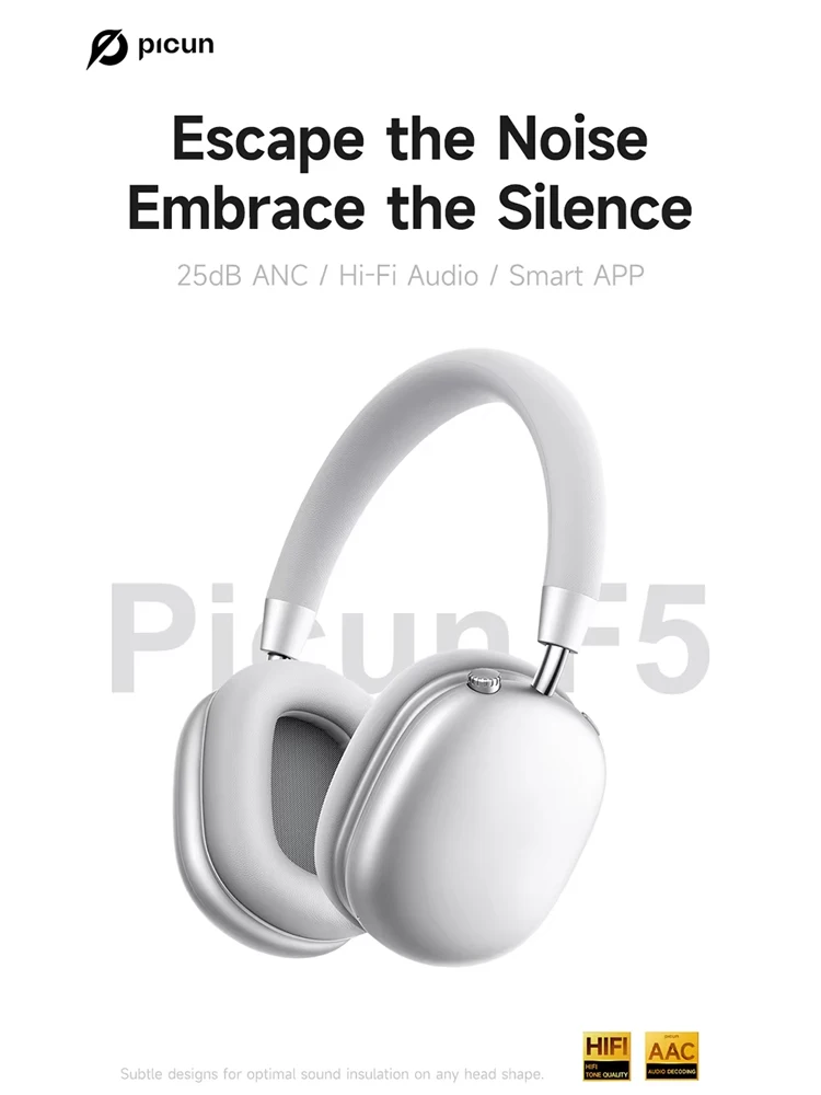 Picun F5 ANC Bezprzewodowe słuchawki Bluetooth 5.3 Hi-Res Audio nauszny zestaw słuchawkowy 25dB Adaptacyjne słuchawki z redukcją szumów 50H — zdjęcie 2
