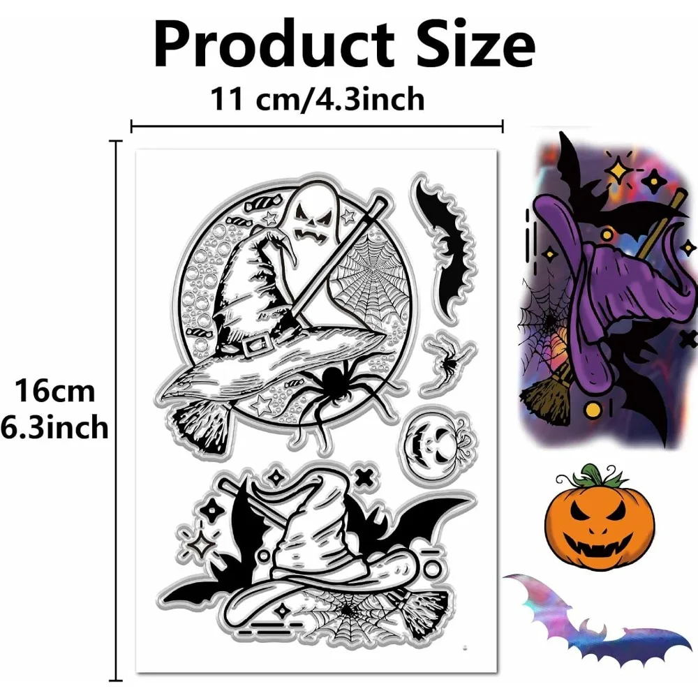 Halloween Clear Stamps Witch Hat Magic Broom Rubber Stamp Gothic PVC Reusable Divination Bat Spider Transparent Silicone Stamp