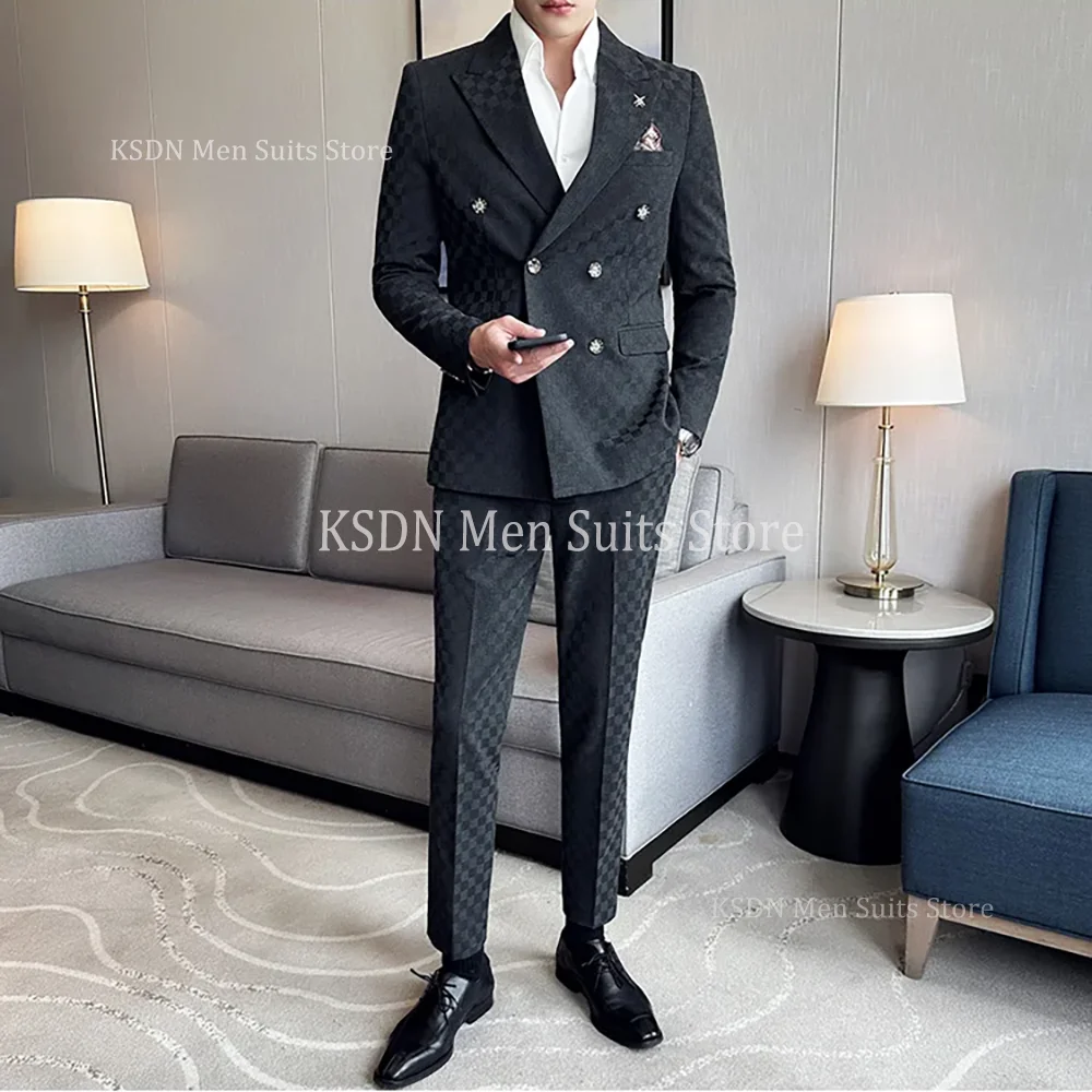 Classic Black Peak Lapel Men's Suits Fashion Chic Double Breasted Slim Fit 2 Pieces Formal Dinner Party Wedding Groom Outfits