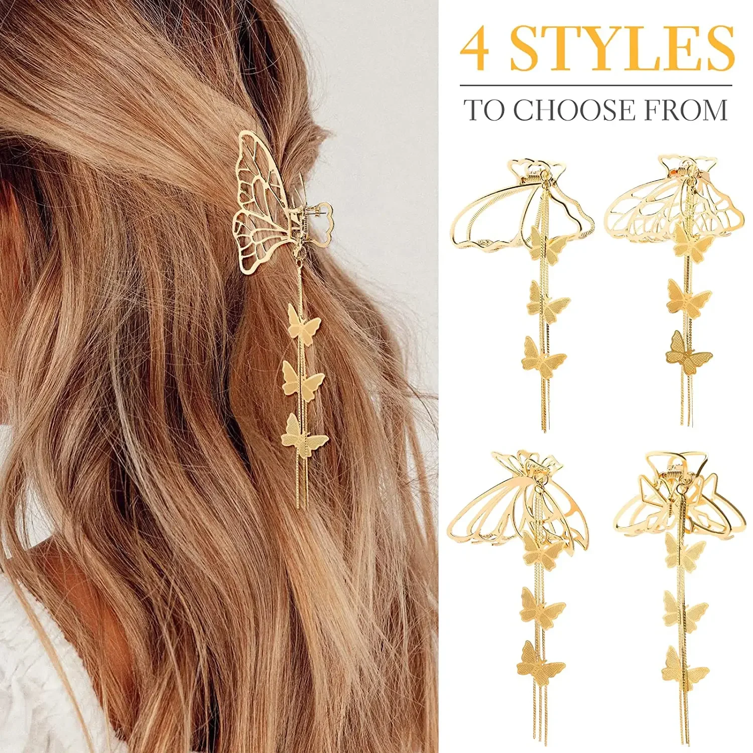 Elegant Hollow Butterfly Tassel Shark Clips Grab Large Metal Cross Hair Claws Women Girls Strong Hold Jaw Clip Summer Headwear