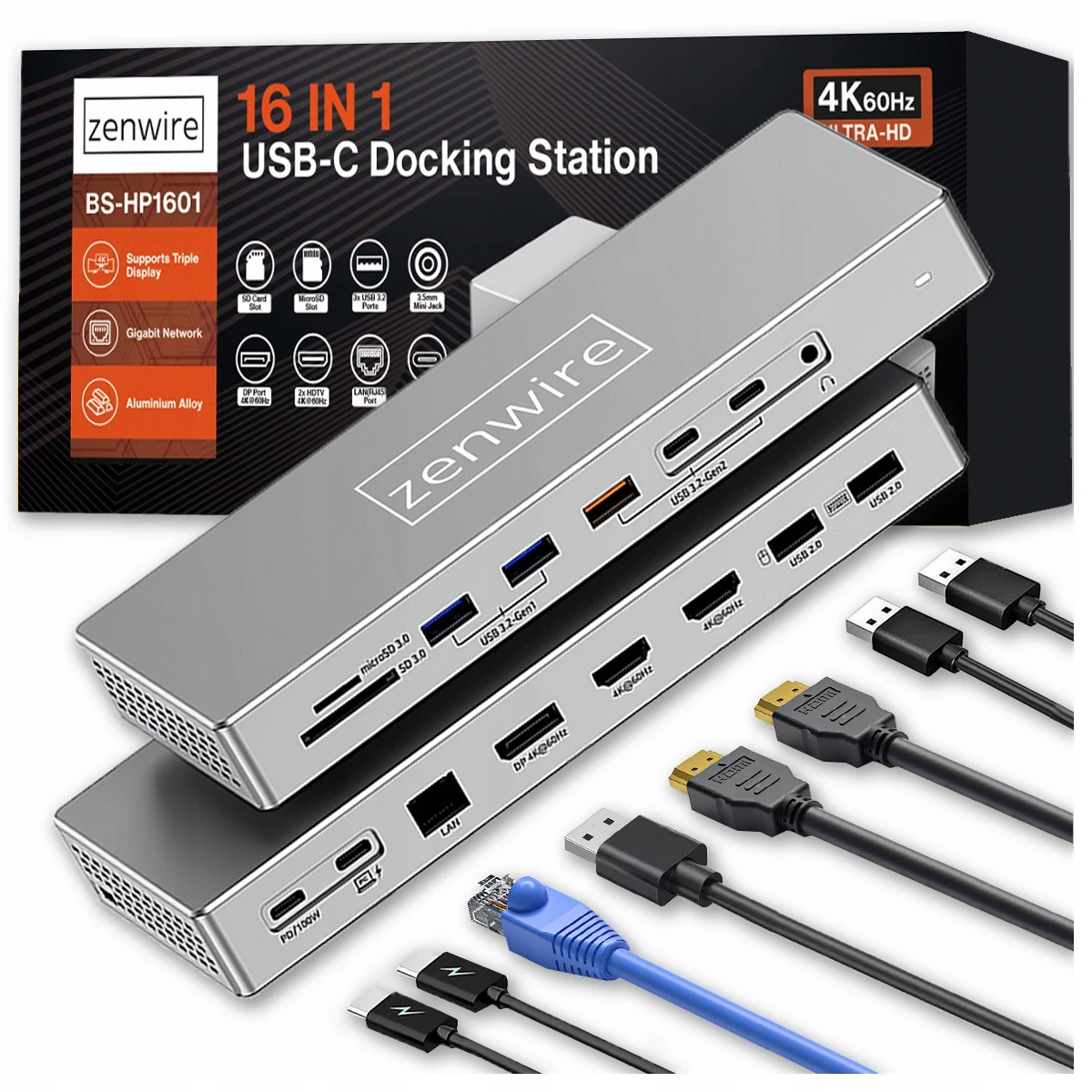 Dockingstation Hub USB-C 16in1 2x HDMI 4K 60Hz Displaypoort 1.4 USB SD-aansluiting Zenwire BS-HD1601