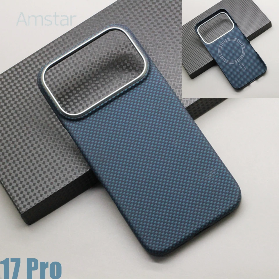 Blue Woven Pattern Carbon Fiber Magnetic Case for iPhone 17 Pro Max / 17 Pro / 17 Air / 17 Kevlar Aramid Fiber Magsafe Cover - náhled 4