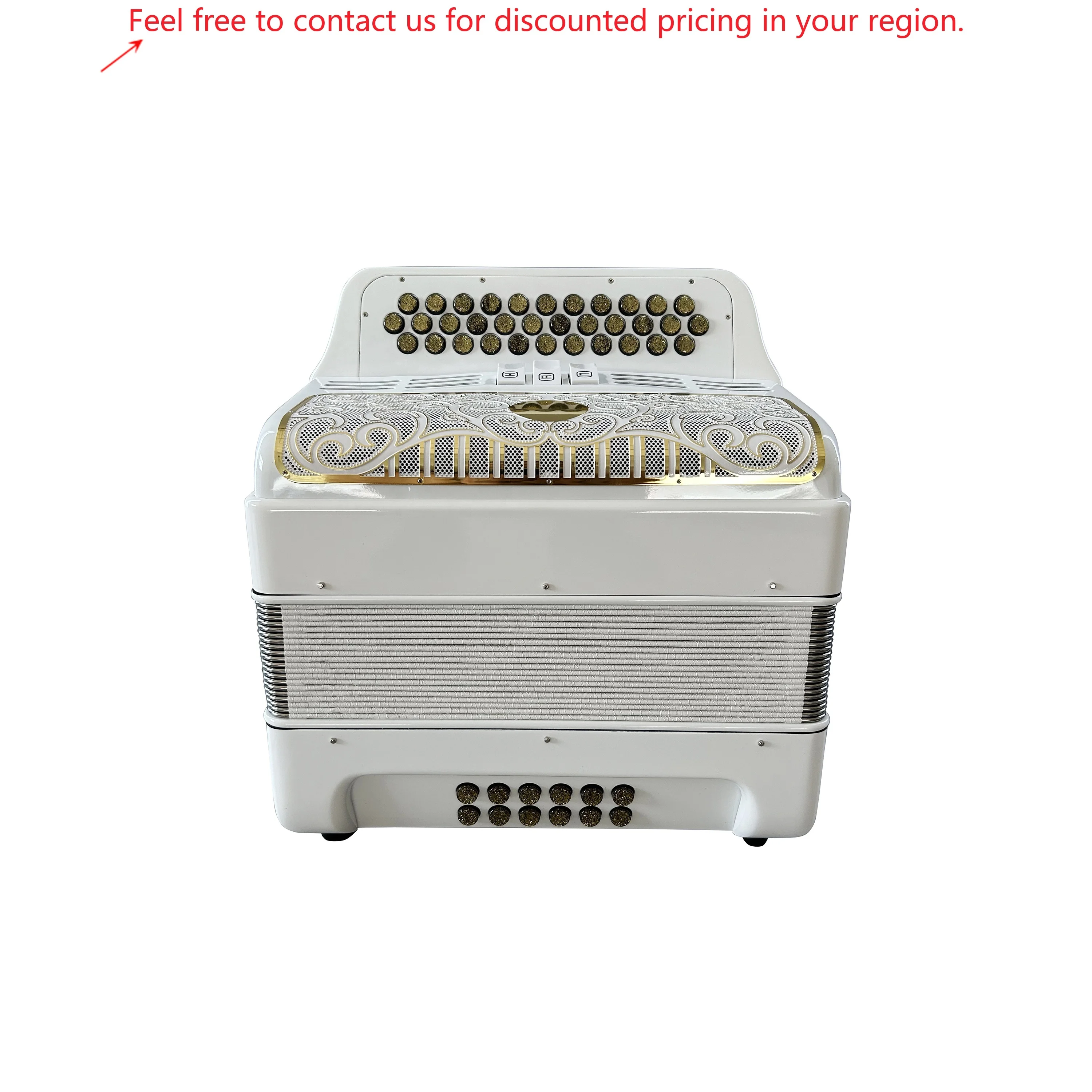 

SEASOUND Factory Diatonic Accordion 34-Button 12-Bass 3-Registers Bright White JB3412C Gold Buttons White Gold Grill Musical