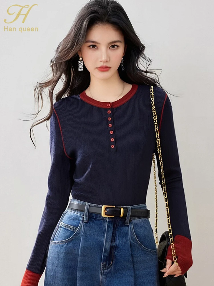 

H Han Queen Autumn Woman Clothing Pullover Sweaters Base Layer Colorblocked Korean Chic O-Neck Vintage Casual Long Sleeve Tops