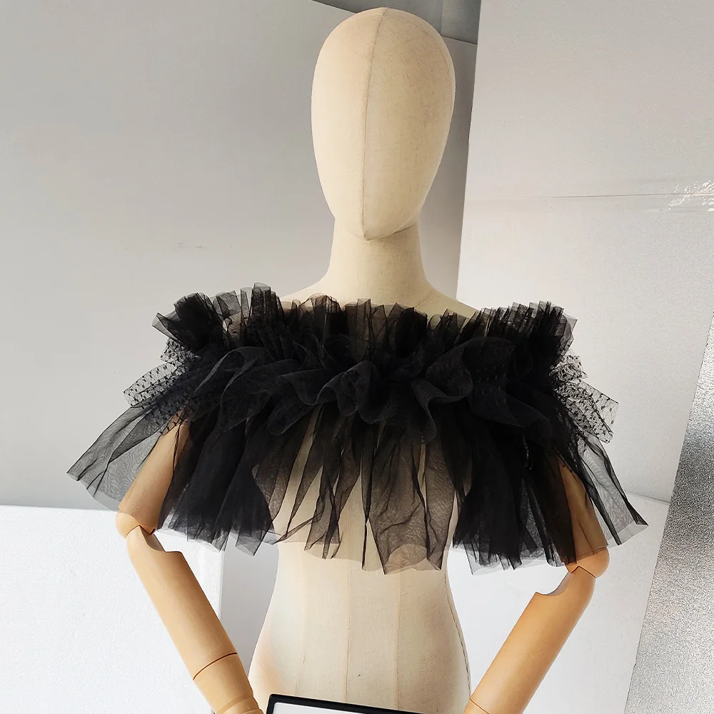 Women Black Formal Evening Wrap Tulle Ruffle Lolita Accessory Off Shoulder Gothic Stole Elegant Wedding Special Cosplay Shawl